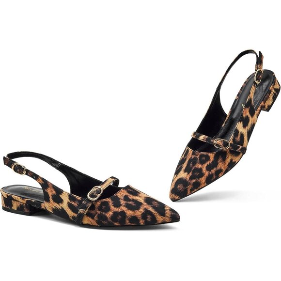 Women Leopard Polyurethane (PU) Rhinestone Pointed Toe Slingback Flats Shoes - Picture 3 of 6